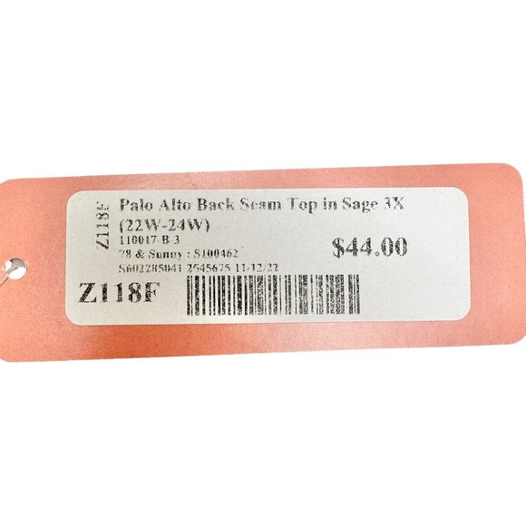 Palo Alto Back Seam Top Womens 3X Sage Green By 78 & Sunny SS Loose Fit - Picture 3 of 10